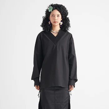 SHENGPALAE Minimalist Negru Bluza pentru Femei de Vară 2021 Noi V-neck de Mari Dimensiuni Pulover Maneca Lunga Camasa Alba de sex Feminin Valul 5E119