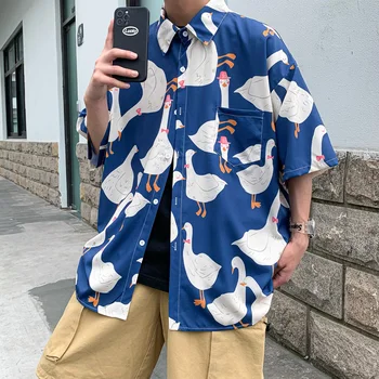 Supradimensionate Bărbați Cămașă Hawaiană Amuzant Gâscă Imprimate Tricou Maneca Scurta Hip Hop Harajuku Moda coreeană Tricouri