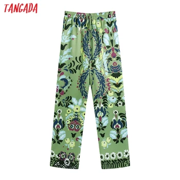 Tangada 2021 Femei Verde Floral Print Pantaloni Lungi Pantaloni Stil Vintage Strethy Talie Doamna Pantaloni Pantalon BE963