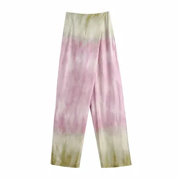 TRAF Pantaloni Pentru Femei Za Colorant Cravată Talie Mare Largi Picior Femeie Pantaloni de Vară 2021 Folie de Satin Streetwear Casual Pantaloni Largi Seturi