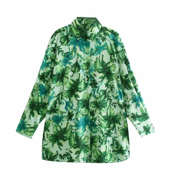 TRAF Za Femeie 2021 Vara Bluze Vintage Print pentru Femei Supradimensionat Tricou Maneca Lunga Top Vrac Femei Îmbrăcăminte Blusas Topuri Chic