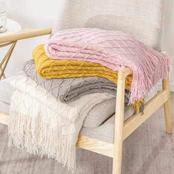 Tricotate ciucure pătură de culoare solidă pentru canapea extensibilă capac cuvertură de pat portabil moale aer condiționat pătură pentru primavara-vara