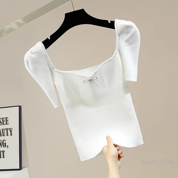 Tricotate T-Shirt pentru Femei de Moda Retro Puff Maneca Rafinat Stras Arc Pătrat Guler Slim-de Potrivire Topuri Tricotaje