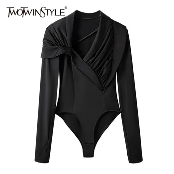 TWOTWINSTYLE Negru Neregulate Ruched Body Pentru Femei V-Neck Maneca Lunga Talie Mare Slim Sexy Costume de Moda de sex Feminin Nou 2021