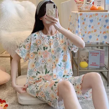 Vara din Bumbac Pijama Seturi Pentru Femei Maneci Scurte Topuri+pantaloni Scurți femeii Sleepwear Imprimare Respirabil Homewear