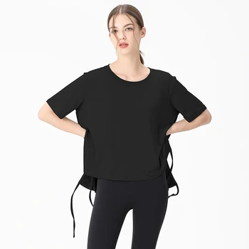 Vara Femeile Largi Sport T-shirt Mâneci Scurte Parte Bandaj Yoga Topuri Haine Largi care Rulează Tricouri Fete sală de Gimnastică Antrenament Tee Bluza