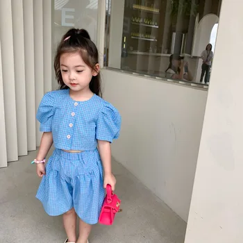 Vara Haine Copii Carouri Maneca Scurta Top÷d 2 Piese Fusta de Moda coreeană fetițe Haine Stabilit Ziua de Îmbrăcăminte
