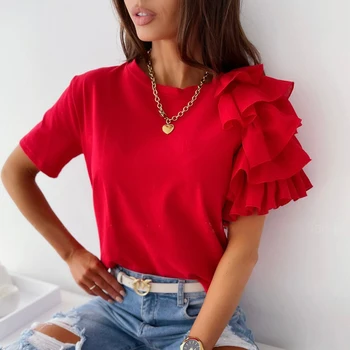 Vara Scurte Culoare Solidă tricou Asimetric O Dantelă Gât Fete Casual T-shirt Doamnă Birou de Partid Femei Top Camasa 2021 Moda