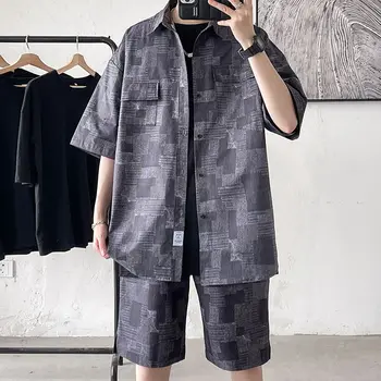 Verificat denim cu mâneci scurte costum barbati de cinci minute cămașă de vară subțire de epocă Hong Kong moda frumos set de două piese