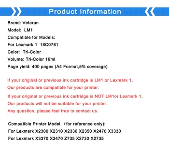 Veteran 2pk Cartus Compatibil pentru Lexmark 1 Cartuș de Cerneală pentru X3470 X2300 X2310 X2330 X2350 X2470 X3330 X3370 Z730 printer