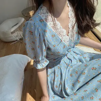 Vintage Floral rochii Femei Elegante, Dantela, Sifon coreean Partid Rochie mâneci V Gât Rochie Midi Rochii de Toamna pentru Femei 2021