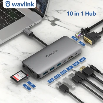 Wavlink Hub USB C Adaptor HDMI 10 in 1 USB-C to USB 3.0 Docking Pentru Windows Mac-C USB 3.1 de Tip C Splitter USB C HUB 60W PD RJ45