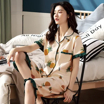 YIHAXUAN 2021 Noi Maneci Scurte Codrin Bumbac Pijama de Vara pentru Femei Mari Cardigan Uzura Acasă Set Fabrica de Vânzări Directe