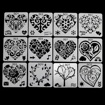 12Pcs Inima de Flori de Desen Matrite din Plastic pentru Copii Pictura Șabloane DIY Hârtie de Artă de Meșteșug Card Etichetă Album Marcaj Jucărie