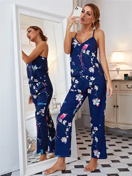 2 Bucata Femei Set Pasăre de Imprimare Topuri cu Pantaloni Lungi Largi Casual Pijamale Pijamale de sex Feminin Acasă se Potrivește
