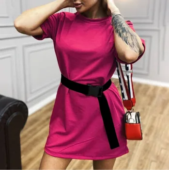 2020 Scur T-Shirt Rochie de Moda pentru Femei Sexy Culoare Solidă Rochie Mini cu Centura de Talie Mare Maneca Scurta Casual Alb Negru Rochii