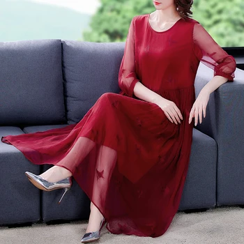 2021 Elegant Broderie Roșie de Mătase de Dud Rochie Maxi de Vara Vintage Liber 4XL Plus Dimensiunea Rochie Midi Femei Bodycon Petrecere Vestidos