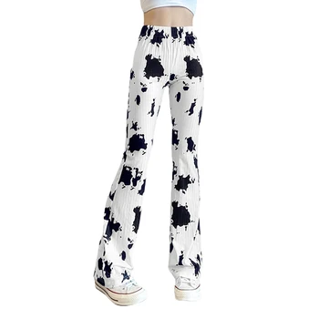2021 Femei de Înaltă Talie Pantaloni Flare, Trendy de Imprimare de Vacă cu Nervuri Tricota Elastic Pantaloni Lungi