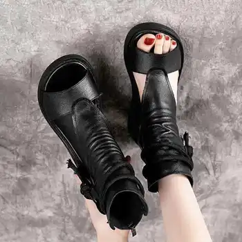 2021 Femei Vara Sandale Mijlocul Tocuri Pene Pantofi Doamnelor de Epocă PU Piele Plus Dimensiune Sandalia