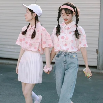 2021 Moda Roz Piersica Imprimare Femei Bluze Elegante De Vara Harajuku Epocă Kawaii Maneci Scurte Rândul Său, În Jos Guler Alb Tricou Top