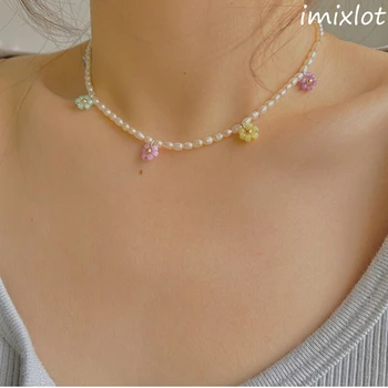 2021 Noi Coreea Dulce Flori Colorate Perle Clavicula Lanț Manual Cravată Colier pentru Femei Fete Vacanta Estetice Bijuterii