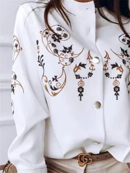 2021 noi femeile 's shirt de imprimare de moda stand-up guler single - breasted textura buton alb cămașă cu mâneci lungi femei