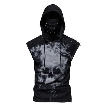 2021 nouă fâșie de fitness bărbați craniu de imprimare cyberpunk ninja costum cu gluga fără mâneci T-shirt masca de echitatie M-3XL