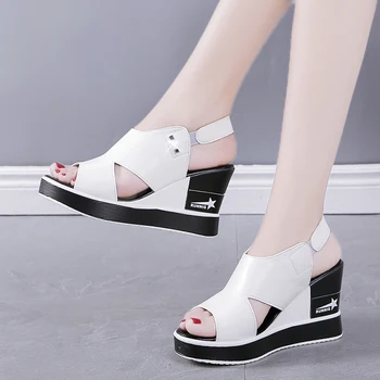 2021 Pantofi de Vara pentru Femei Pene Tocuri Sandale Tinere Casual, Sandale Pantofi Alb Negru Pană Toc de 8.5 cm