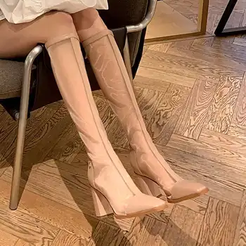 2021 Sandale de Vara Femei modelului de Vară Gol Plasă de Slăbire Nou Autentice din Piele Square Deget de la picior Toc Indesata High-Top Sandale