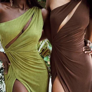 2021 Toamna de Moda pentru Femei Solid Înclinat Umăr Deschisă Sexy Backless Slim Split Bodycon Rochie Nouă