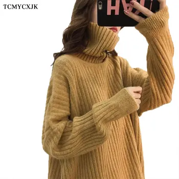 2021 Toamna Iarna Noi Femei Vrac Leneș Stil Culoare Solidă Groapă Dungă de Înaltă Gât pulover Pulover cu Maneci Lungi Tricotate Casual Top