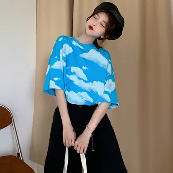 2021 Vara Cerul Și Norii Print Casual Mâneci Scurte Tricou Femei O De Gât Harajuku Streetwear Haine De Moda Pierde T-Shirt