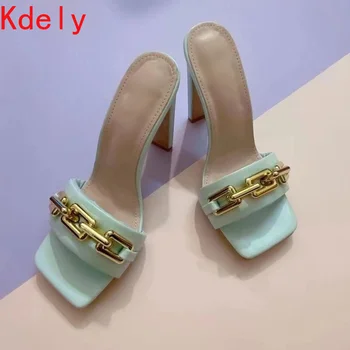 2021 Vara Elegante pentru Femei Papuci de Moda Nou Lanț de Metal Decor Tocuri inalte Catâri Diapozitive Pompe Square Toe Pantofi Doamnelor