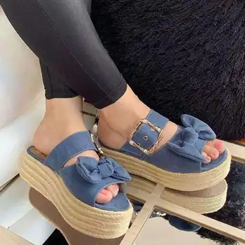 2021 Vara Fierbinte Fete Sandale cu Catarama, Platforma de Cânepă Frânghie Funda Mare Papuci de casă pene de pantofi pentru femei sandale cu platforma