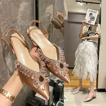 2021 vara noi de sandale plate subliniat toe stras singur pantofi toc gros de moda