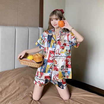 2021 Vară Satin de Matase cu Maneci Scurte pantaloni Scurți de Pijama Seturi pentru Femei de Desene animate Drăguț Vaca Kimono Sleepwear Homewear Pijama Mujer Haine