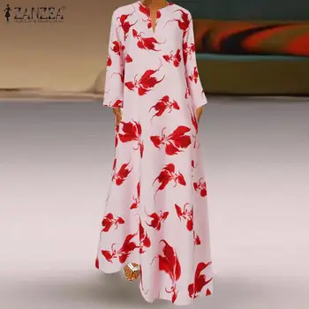 2021 ZANZEA Femei de Vara Boem Florale Imprimate Maxi Sundress Caftan Halat Femme V Gatului Maneca Lunga Rochie de Petrecere Mult Vestidos