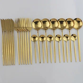 24buc Aur Set de Cină Inox Tacamuri Set Cuțit Furculiță Lingură Set de Tacâmuri mașină de spălat Vase în condiții de Siguranță Set de Tacâmuri