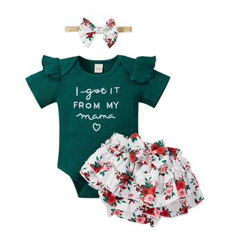 3Pcs Copil Nou-născut Fete Haine de Vară Seturi,Respirabil Short Sleeve Rib Tricot Scrisoare Romper+Floral pantaloni Scurți+Headband Set,0-24Months
