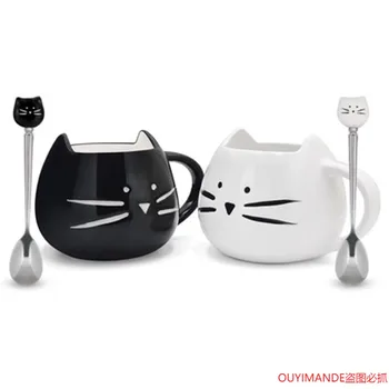 400ml Ceramice Drăguț Alb Negru Cat Cani cu Lingura Cafea Ceai Lapte Animal Cani cu Maner Drinkware Câteva Cadouri Frumoase