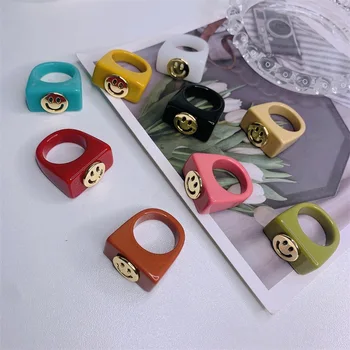 AOMU 2021 Retro Delicate Multicolor Metal Zâmbet Rășină Acrilică Geometrice Rotunde Inel pentru Femei Fete Vara Fierbinte Bijuterii