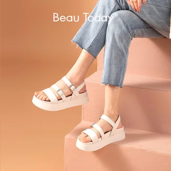 BeauToday Indesata Sandale Femei Din Piele Sintetica Platforma Apartamente Cataramă Curele Concis Doamnelor Pantofi Handmade 38160
