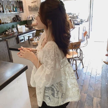 Bluze Femei Stil coreean Zână Vintage Dantela Broderie Elegant Pătrat Guler Pierde Trei Sferturi Vedea-prin intermediul Dulce Topuri Casual