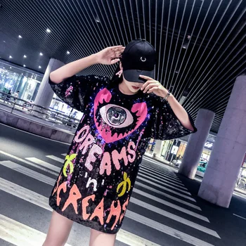 Brand de moda Harajuku Culoare Paiete Abstract Graffiti Teuri Rochie de Vara pentru Femei Negru Lung Liber Topuri Hip Hop Plus Dimensiune T-shirt