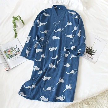 Bumbac Yukata Kimono Cardigan Haine pentru Femei Pijamale Cat de Imprimare Stil Japonez Respirabil Pijamale Confortabile Pierde Câteva Haine