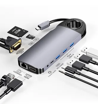 C USB HUB de Tip C pentru Multi 4K HDMI, VGA, RJ45 Gigabit Ethernet, USB 3.0 HUB 10-în-1 Adaptor USB Splitter PD Porturi