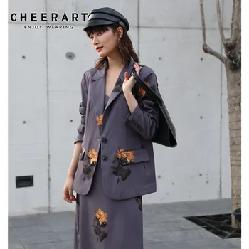 CHEERART Satin Floral Sacou Femei Toamna anului 2020 coreeană de Moda Doamnelor Haina Costum Gri Violet Jacheta de Moda de Îmbrăcăminte 2020