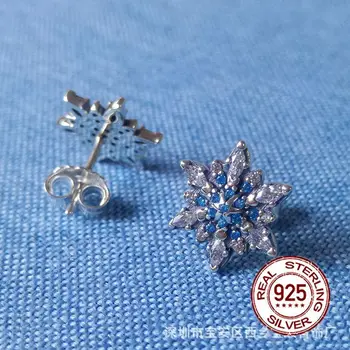 Clasic de lux S925 Argint Cristal Albastru Fulg de nea Cercei Stud Original, Simplu, elegant, cercei Bijuterii Cadou de Vacanță