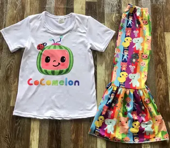 Cocomelon Tinuta Pentru o Fată Adolescent Haine de Vară de Moda Copil de Imprimare de Desene animate T-Shirt Tee Top+Flare Pant 2PC Set Trening Copil
