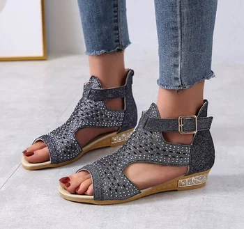 Confortabil Vanzare Hot Femei De Moda De Vara Pantofi Casual Parte A Deschide Capacul Toc Retro Peep Toe Sandale Plate